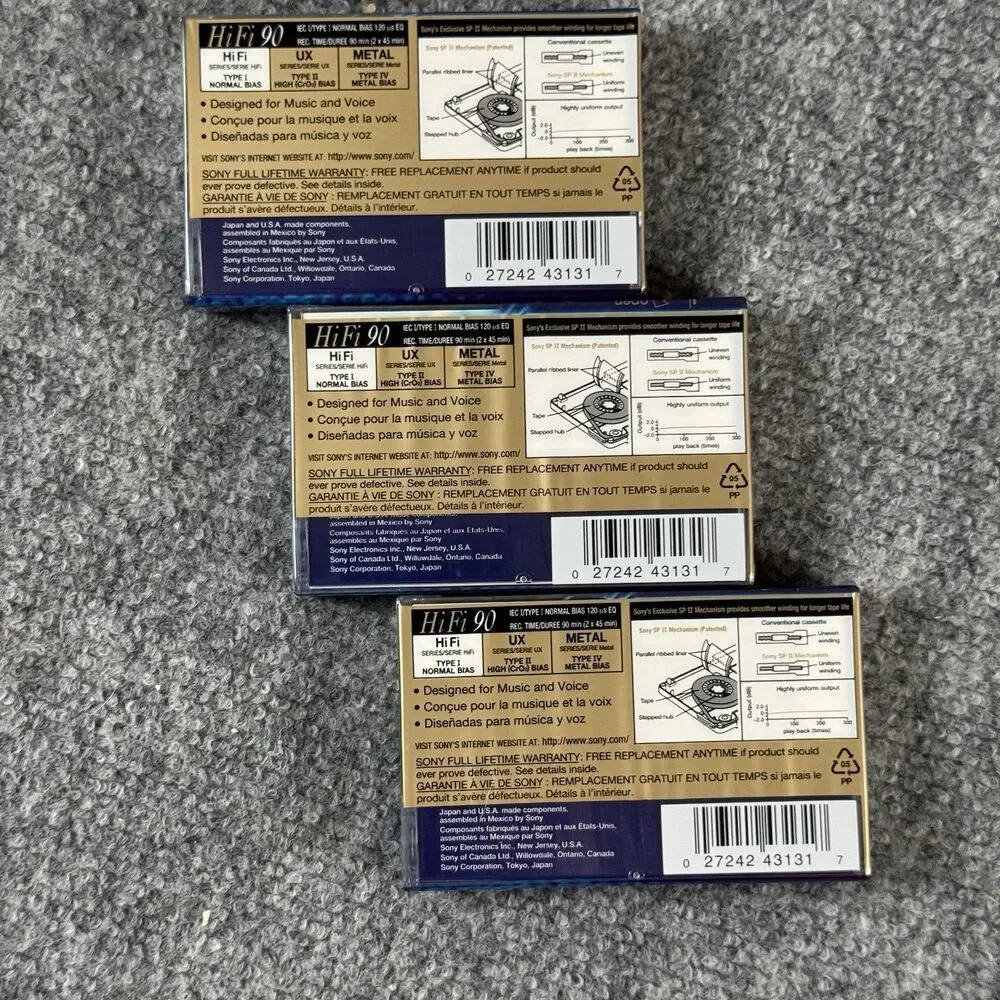 Lot of 3 Sony HiFi 90 Type I Normal Bias Blank Audio Cassette Tapes New Sealed